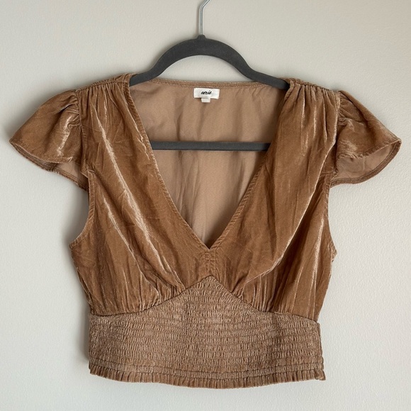 Aerie Womens Size Small Velvet Crop Top V-neck Camel Brown Gold Waist Smocking - Picture 1 of 6